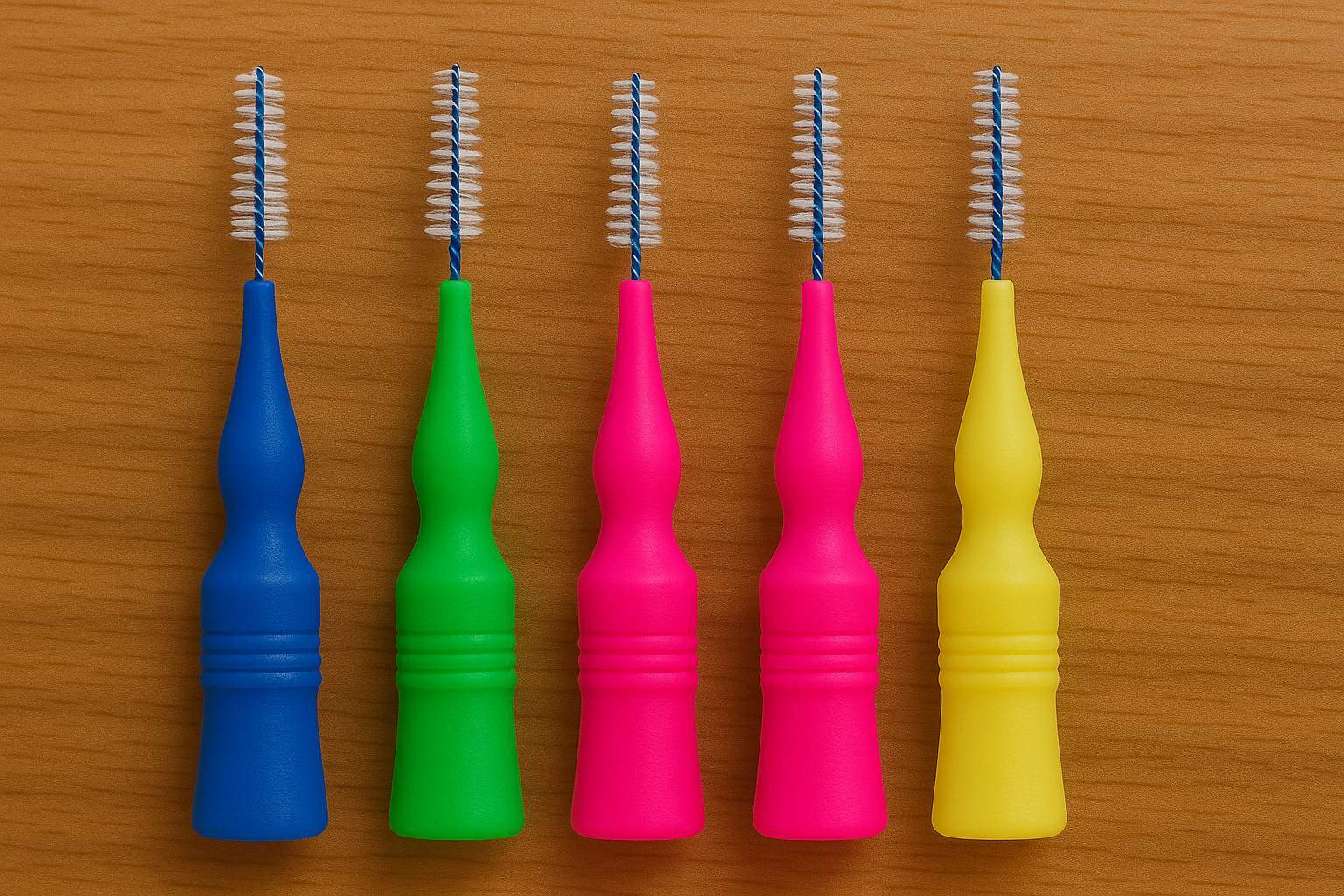 Colorful interdental brushes used to clean around dental implants on wooden surface