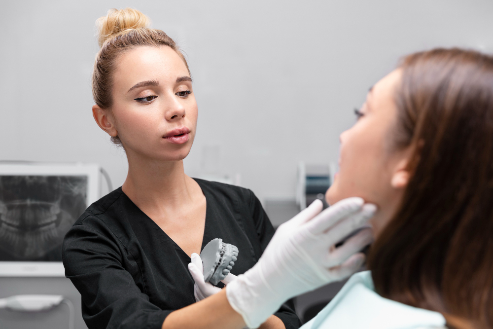 Young woman holding her jaw with discomfort from wisdom tooth pain.